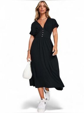 ASOS Black Button-Front V-Neck Midi Dress